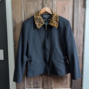 Braebrook Vintage 90s Black Wool Coat With Leopard Print Collar - Size Medium